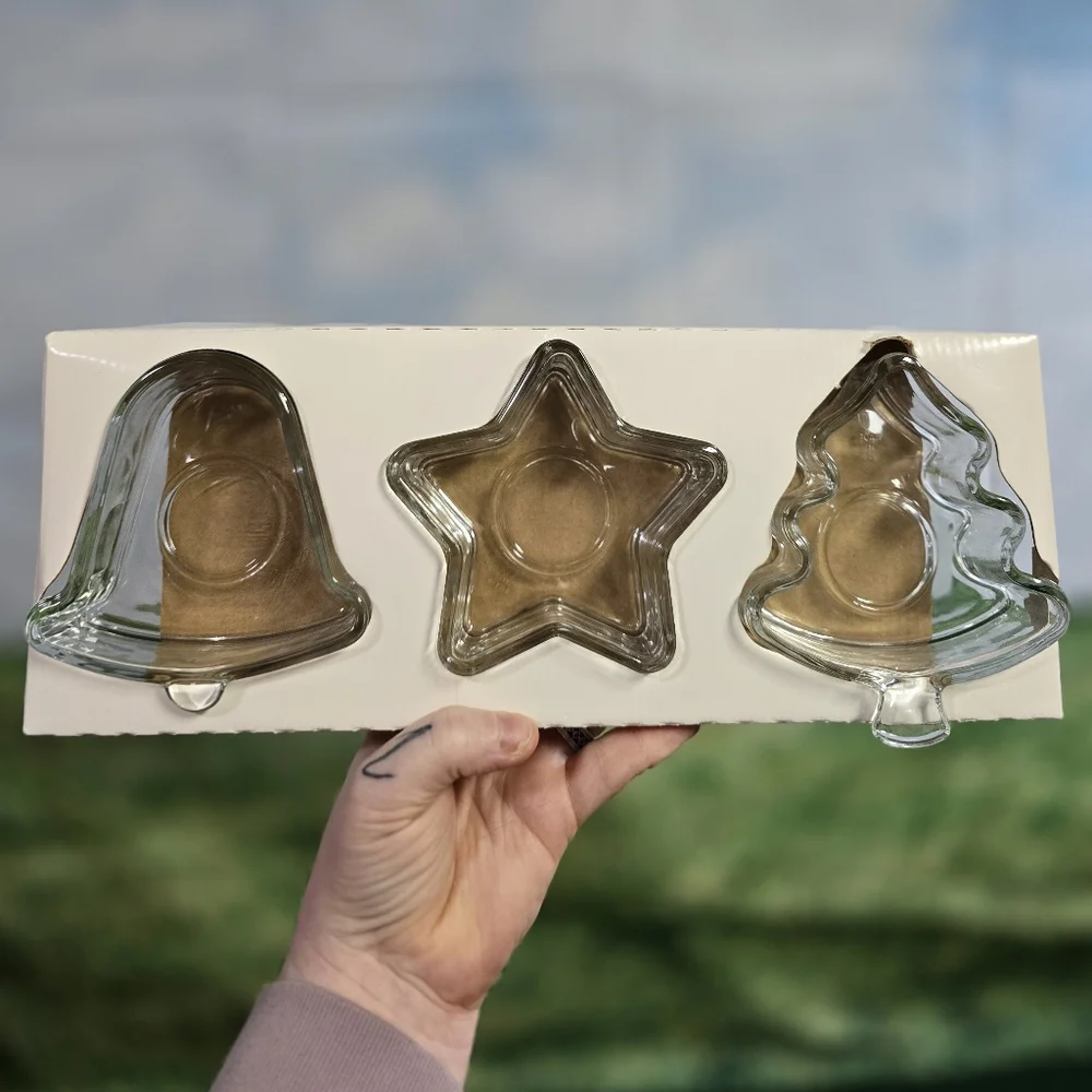 Holiday Time | Vintage 1990s Christmas Heavy Glass Tealight Candle Holder Set